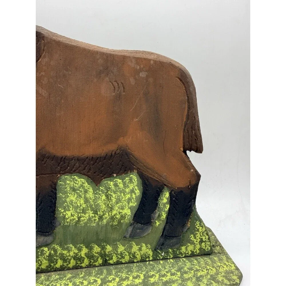 VTG 1988 Menno Shirk Folk Art Wood Carved Wild Buffalo 9” Signed Base Carving